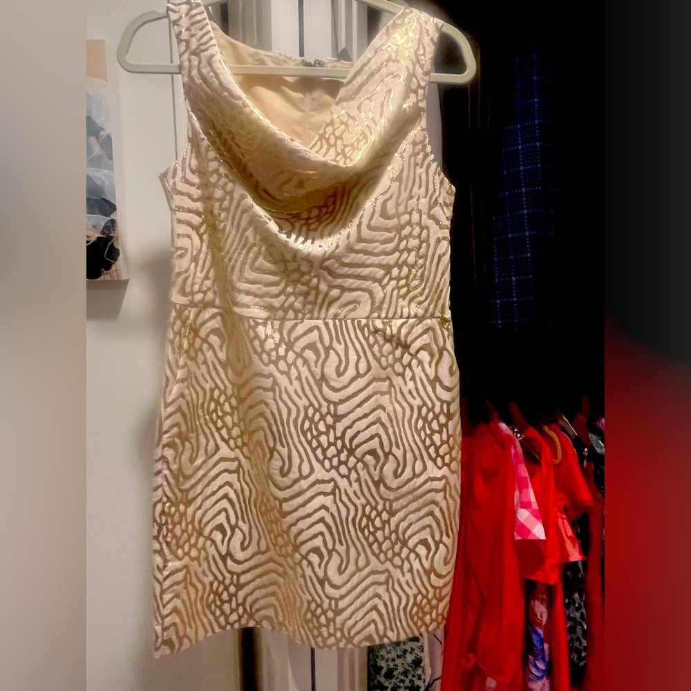 Lovely Gold & Cream Jacquard Party Dress - size 0